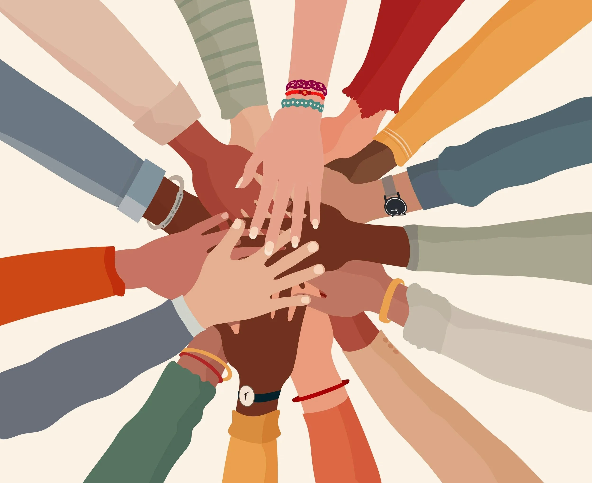Multiple diverse hands reaching towards the center, symbolizing unity and teamwork.