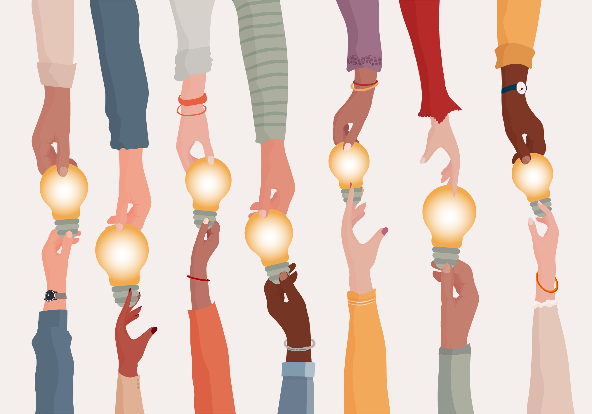 Multiple hands and arms of diverse skin colors holding glowing light bulbs - symbolizing collectively generated ideas.