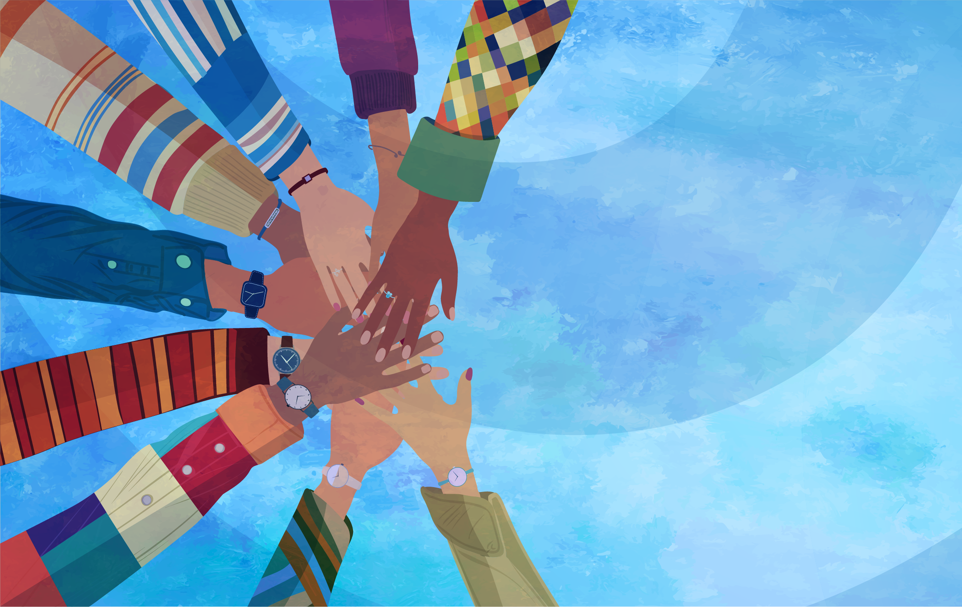 Illustration of diverse hands stacked together in a gesture of unity and teamwork, with a blue textured background.