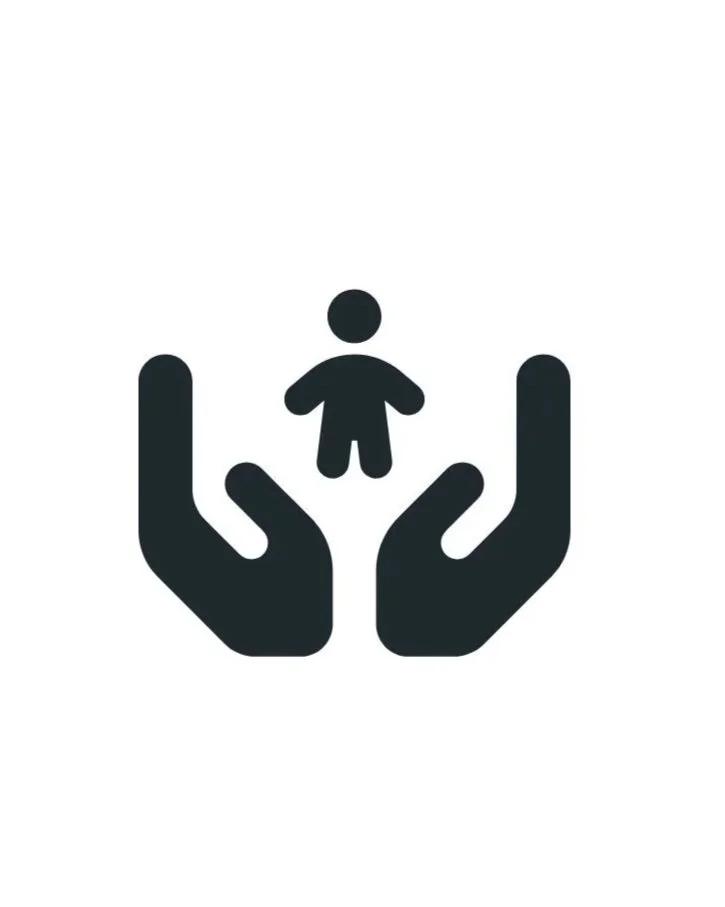 Icon of two hands surrounding a small human figure, symbolizing protection or care.