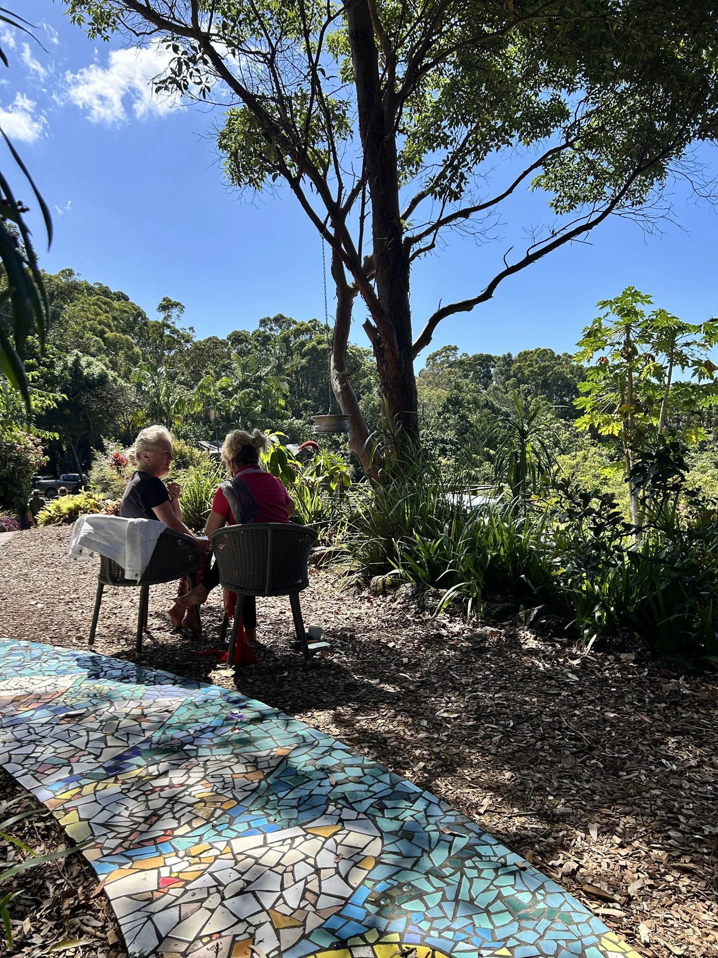 Two women sitting at a table outdoors in a garden area surrounded by green trees and plants, with a mosaic tile pathway nearby, under a large tree on a bright sunny day.