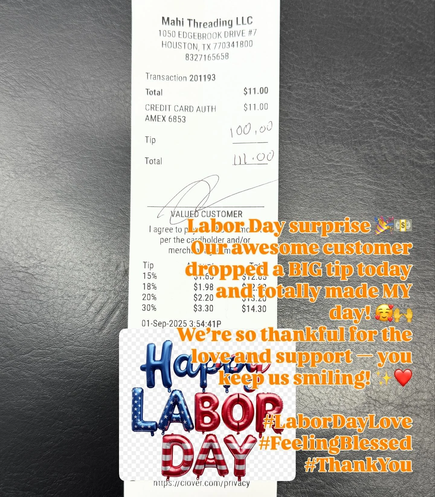 Labor Day surprise 🎉💵
Our awesome customer dropped a BIG tip today and totally made MY day! 🥰🙌
We&rsquo;re so thankful for the love &mdash; you keep us smiling! ✨❤️

#labordaylove #feelingblessed🙏 #thankyou