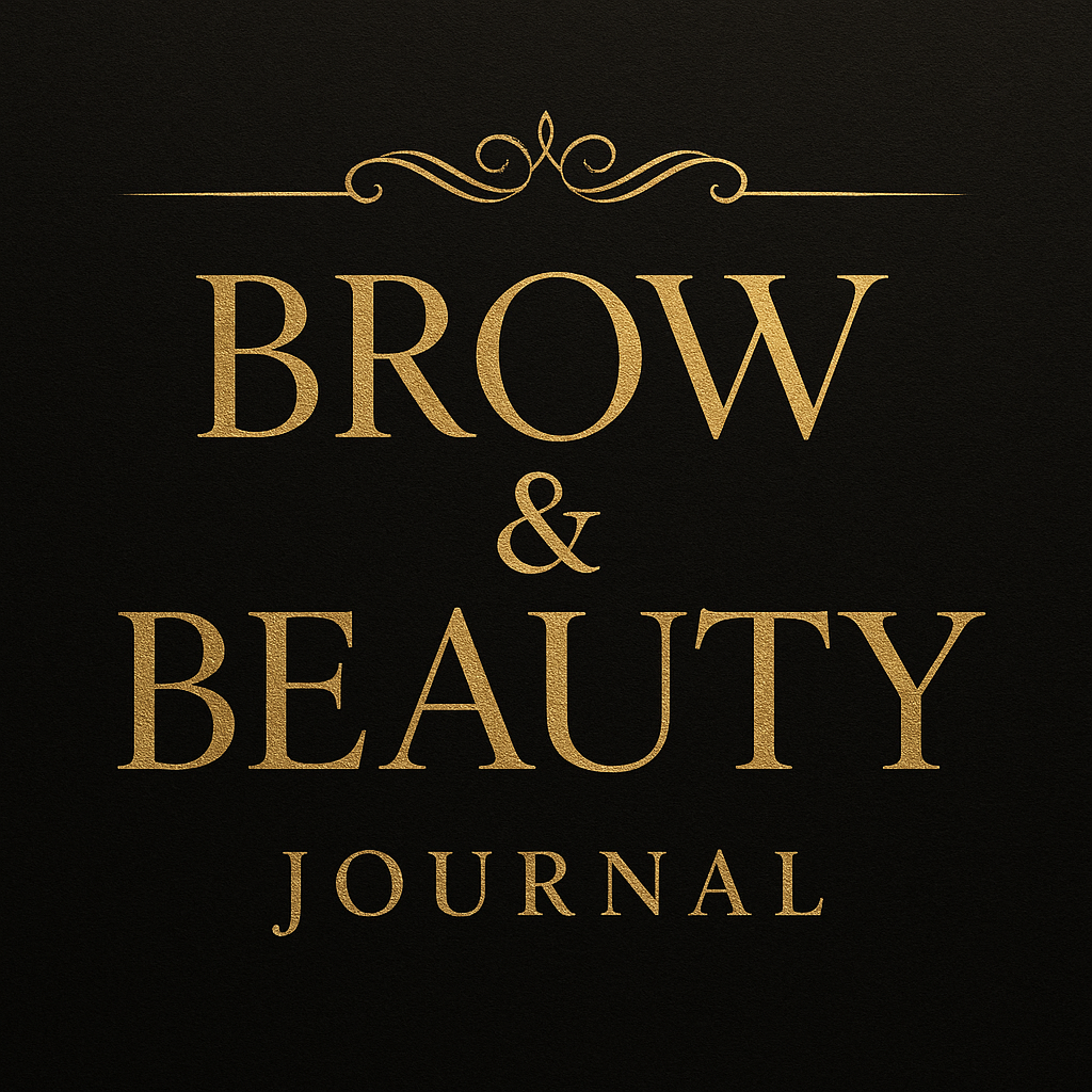 Cover of a black journal with gold decorative text that reads "Brow & Beauty Journal".