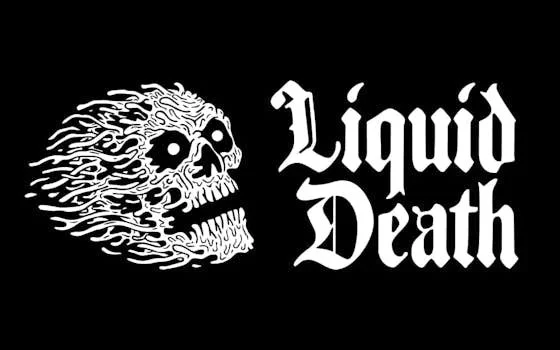 A skull with flames on the left and the words 'Liquid Death' in gothic font on the right.