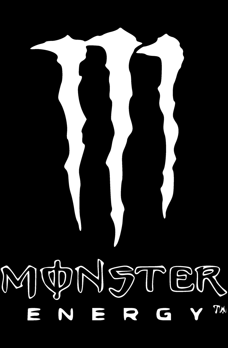 Black background with a white logo of three claw marks and the text 'MONSTER ENERGY' underneath.