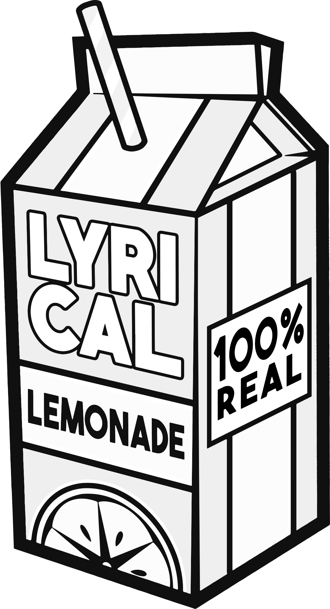 Lyrical Lemonade logo, black and white drawing of a carton of lemonade with a straw, labeled 'Lyrical Lemonade' and '100% Real'.