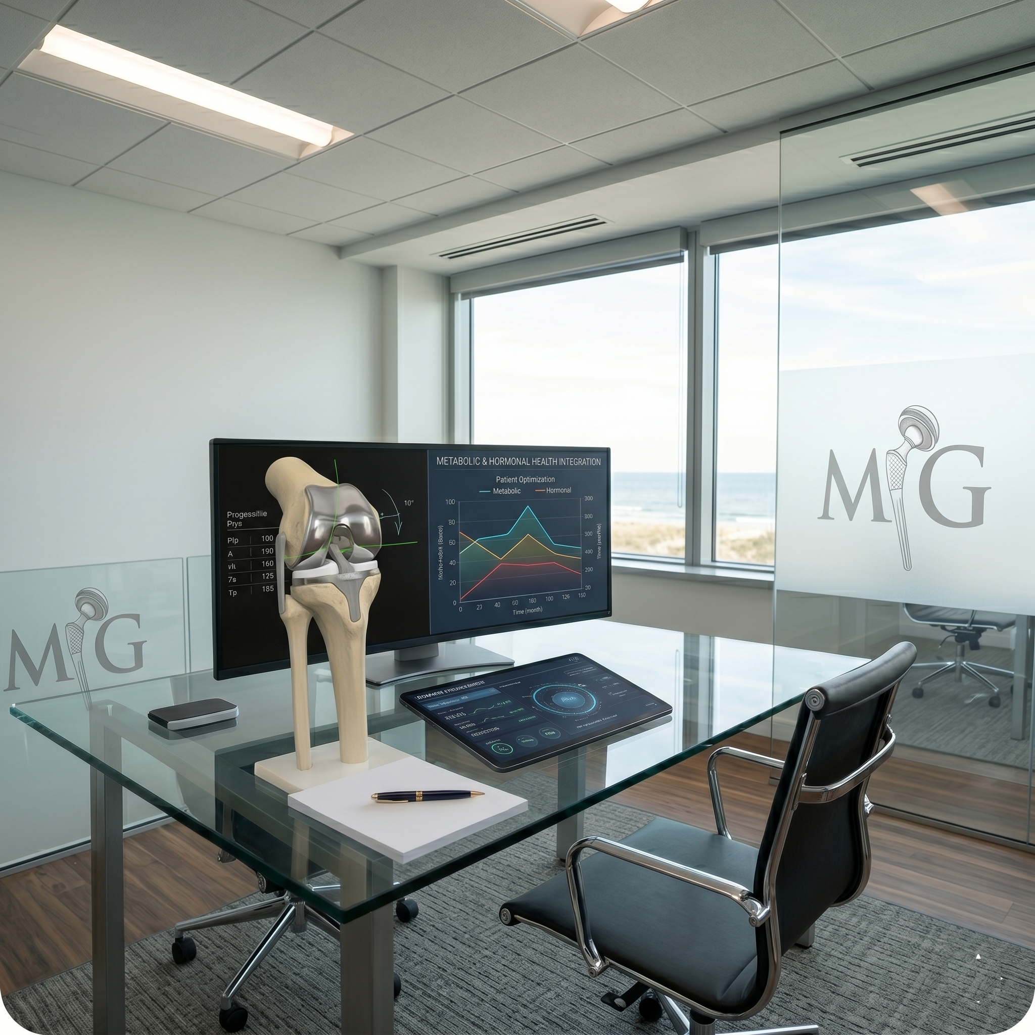 Modern office conference room with glass walls, dark wood flooring, a glass table, black office chairs, a computer monitor, and a large window showing a view of the sky. There is a chart on the monitor about metabolic and hormonal health.