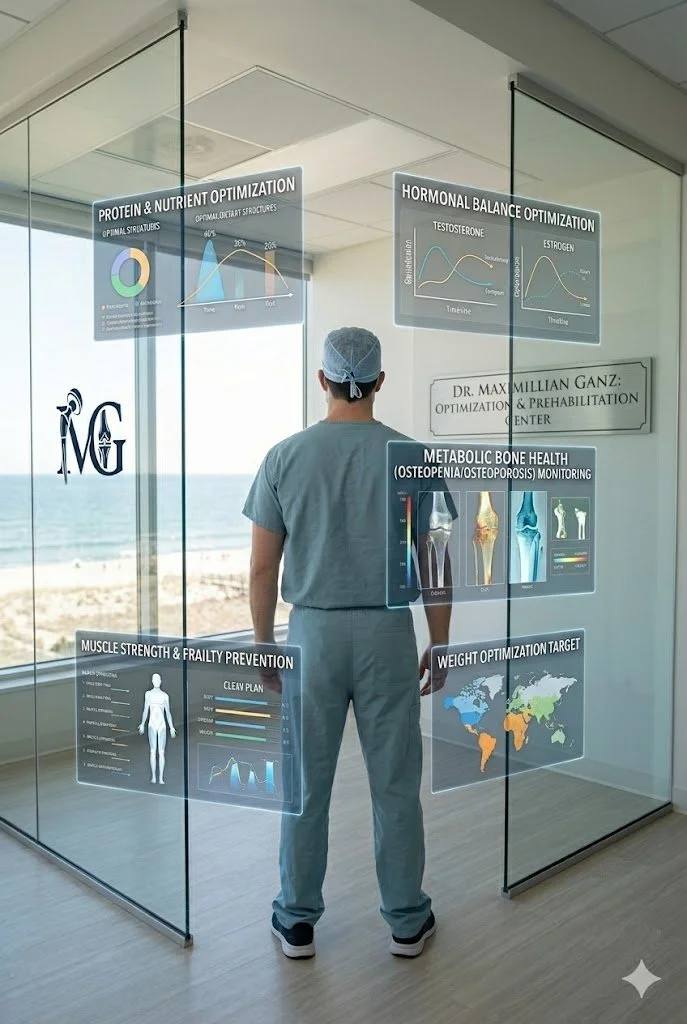 A medical professional in scrubs and a surgical cap stands inside a glass enclosed room with digital health data displays projected on the glass. The displays include charts about protein and nutrient optimization, hormonal balance, metabolic bone health, muscle strength and frailty prevention, and world map with weight optimization targets.