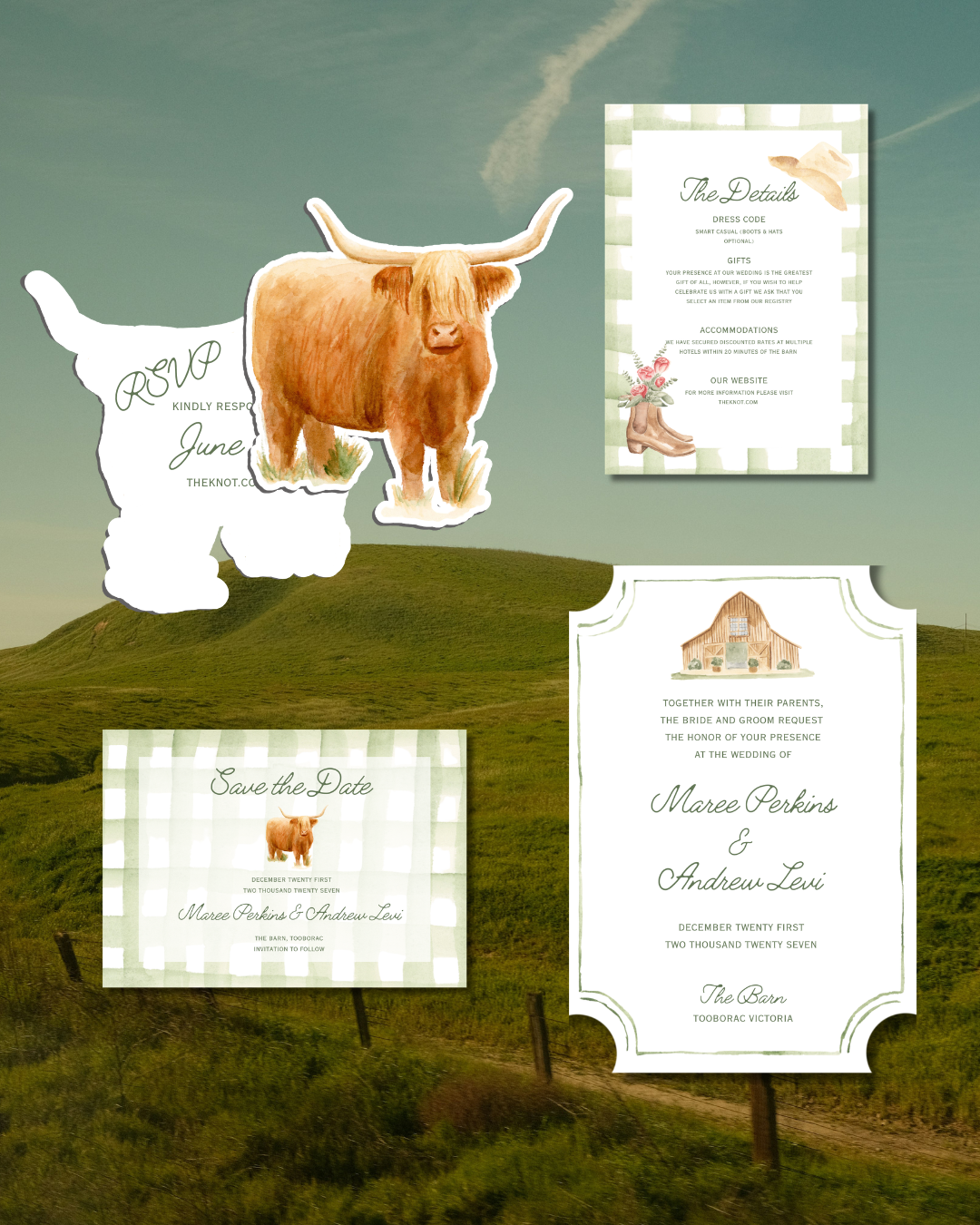 Wedding stationery for a country wedding, with a Highland cow as the RSVP