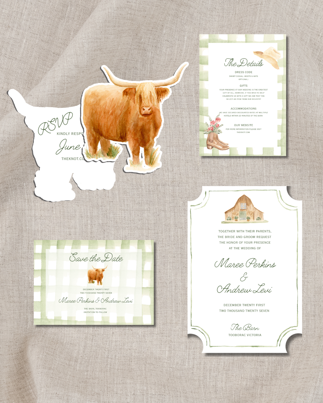 Wedding stationery featuring a highland cow as the RSVP