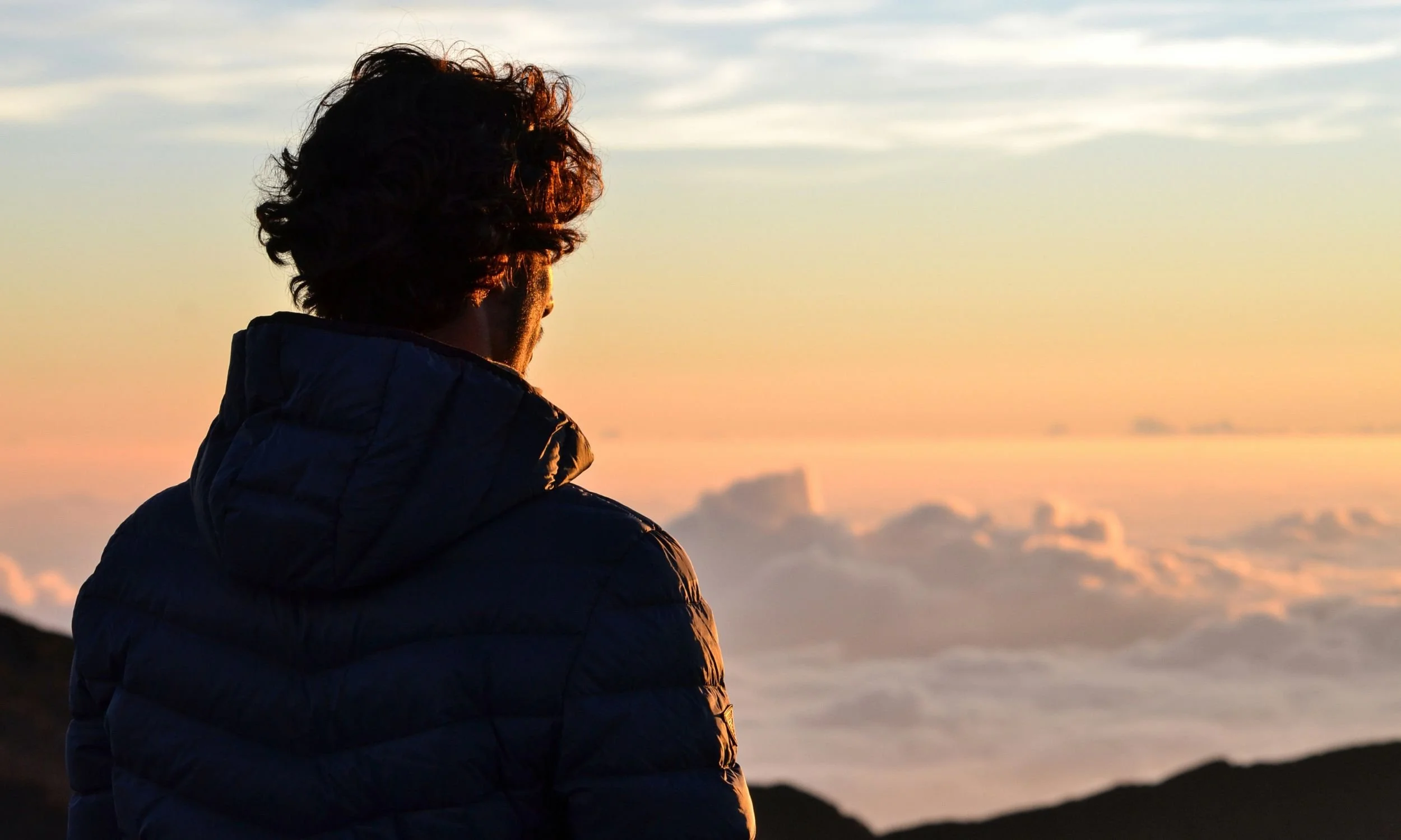 Executive staring out at sunset