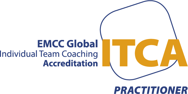 Logo featuring the text 'EMCC Global' and 'Individual Team Coaching Accreditation' in blue, with a large 'I T C A' in gold, and 'PRACTITIONER' in blue, all within a stylized rectangle outline.