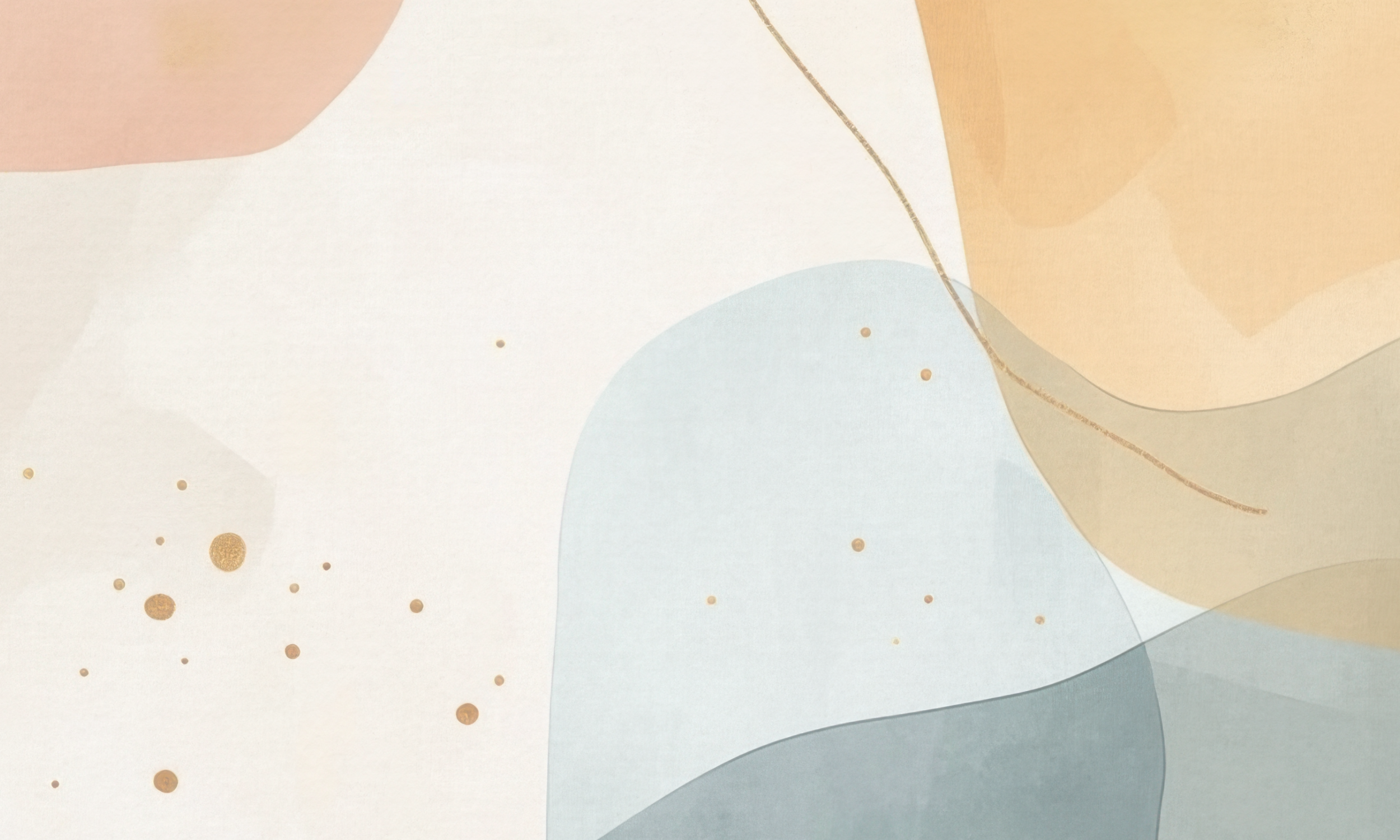 Abstract background with flowing shapes in pastel beige, blue, and tan colors, accented by small gold dots and a gold line.