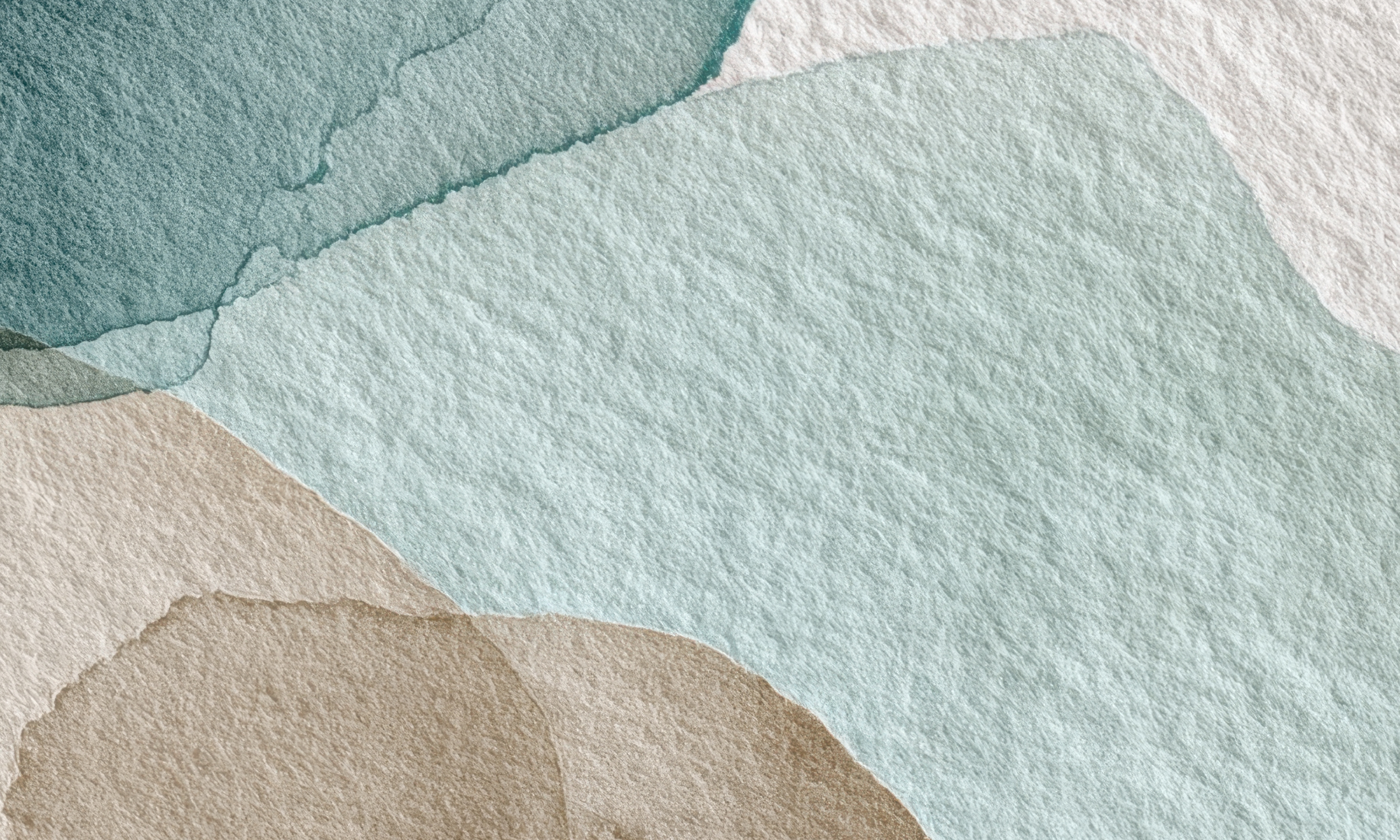 Close-up of layered, torn watercolor paper in shades of teal, beige, and light blue.