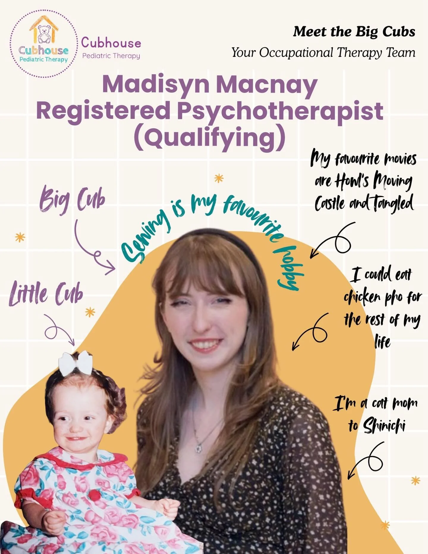 ✨ Meet the Big Cubs ✨

Say hello to Madisyn, Registered Psychotherapist (Qualifying) &amp; Art Therapy Student at Cubhouse Pediatric Therapy 💛

Madisyn has experience supporting children, adults, and older adults in both community and one-on-one set