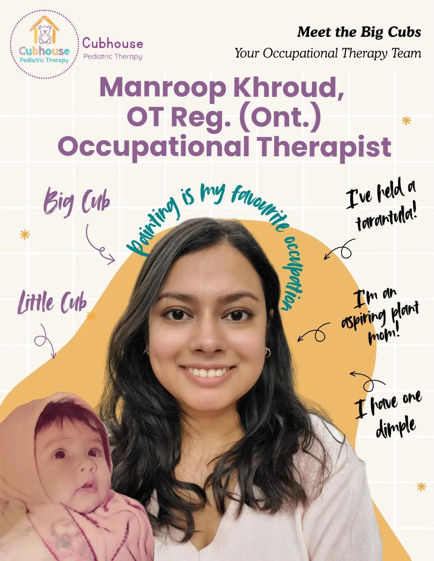 ✨ Meet the Big Cubs ✨
Say hello to Manroop, OT Reg. (Ont.), one of our Occupational Therapists at Cubhouse Pediatric Therapy 💛

Manroop is a Registered Occupational Therapist with a background in psychology, human biology, and physiology. She is pas