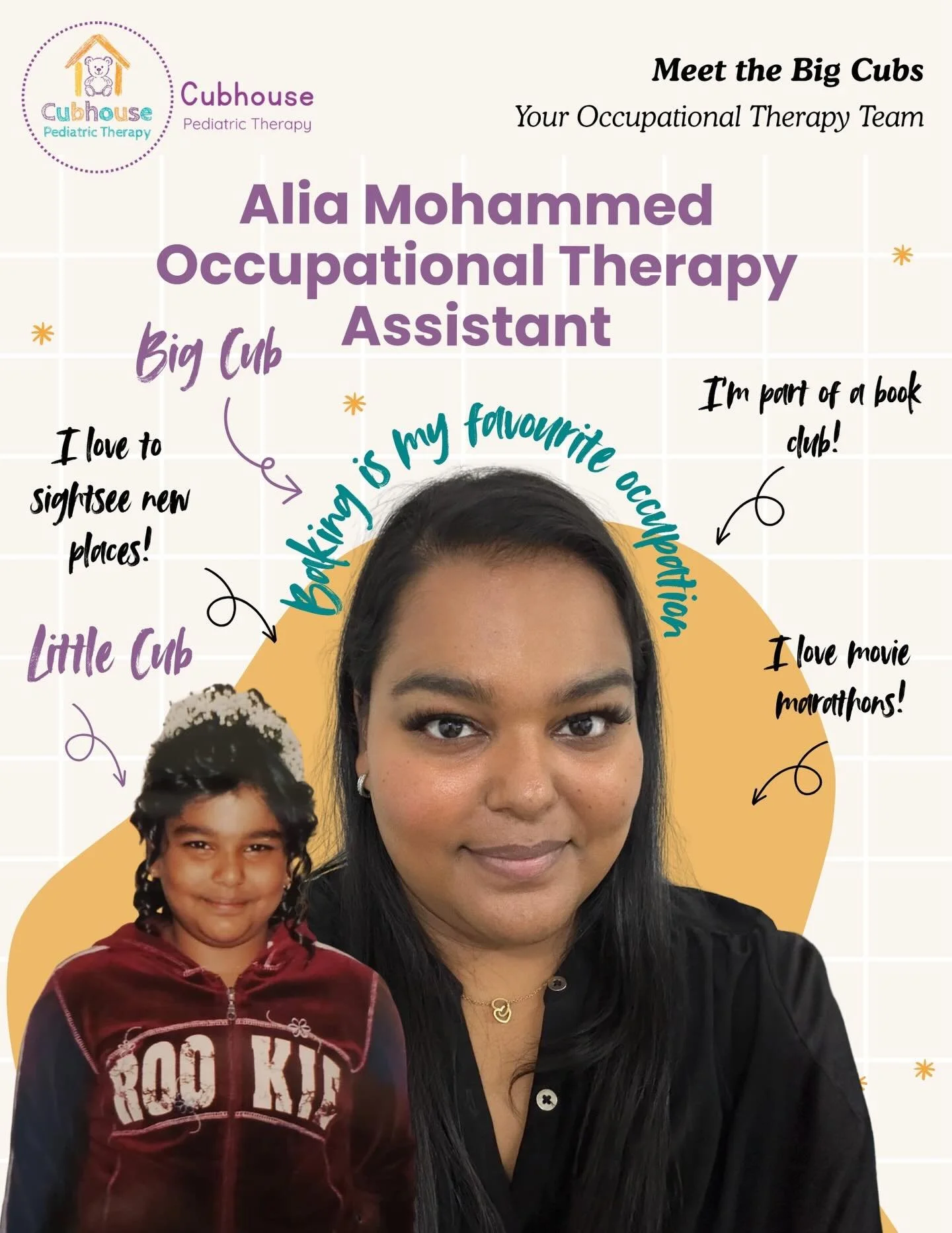 ✨ Meet the Big Cubs ✨
Say hello to Alia, OTA, one of our Occupational Therapy Assistants at Cubhouse Pediatric Therapy 💛

Alia is an accredited Occupational Therapy Assistant and Physiotherapy Assistant with 4 years of experience in a fast-paced hos