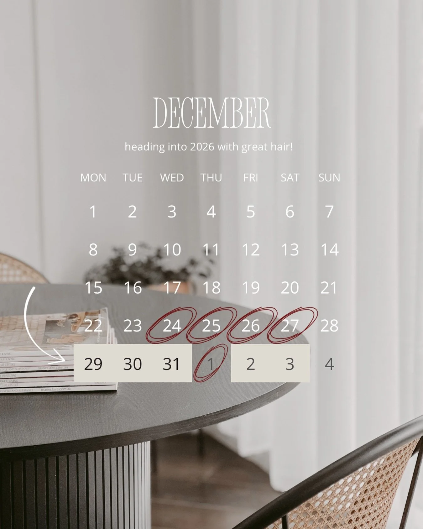 Happy December ✨
We&rsquo;re not doing the usual 2-week shutdown&hellip; 
A few of us are sticking around for your in-between-Christmas-and-New-Year glow-ups! 🫶🏻

Hours are: closed from the afternoon of Dec 23rd 
and REOPENING Dec 29th. 

We&rsquo;