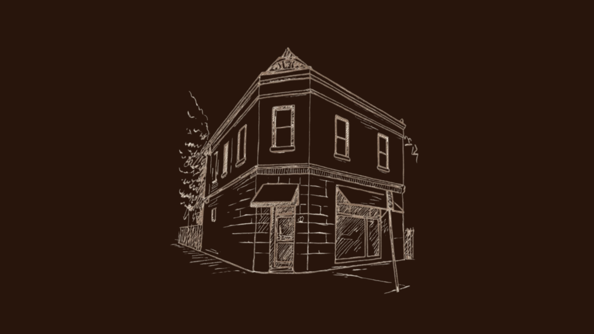 Line drawing of a corner building on a dark background, featuring multiple windows, a door, and awnings.