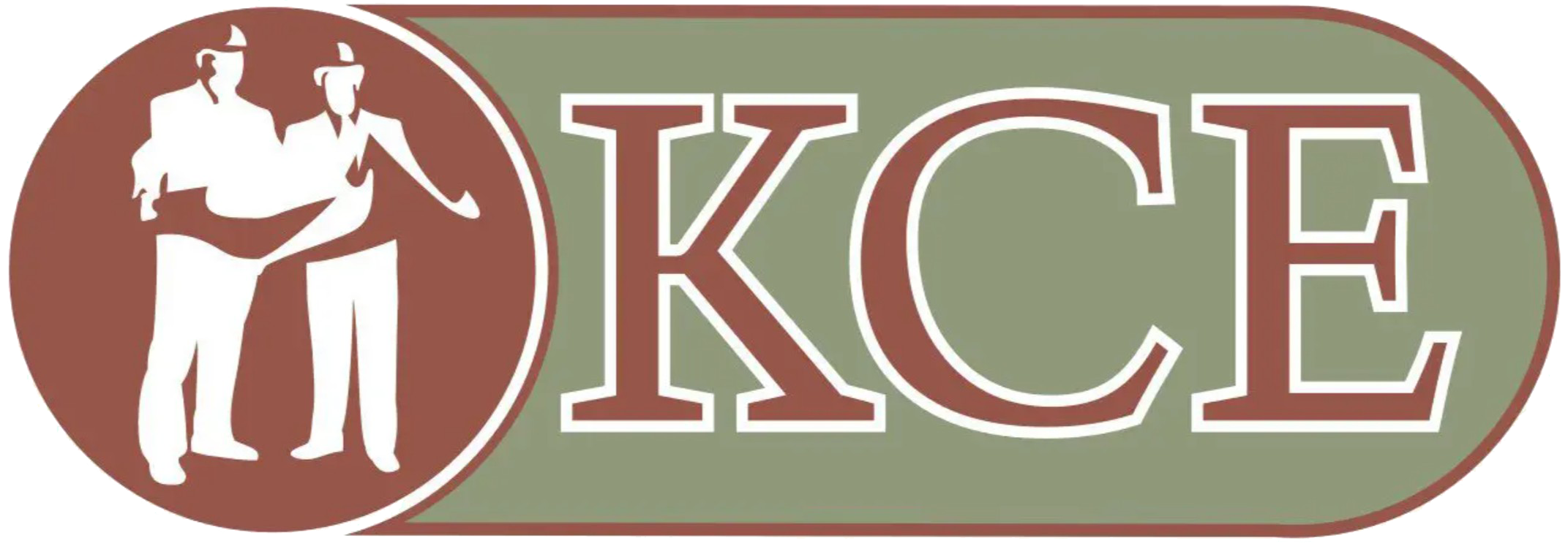 Logo with an oval shape containing a brown circle with two people, one woman and one man, standing close together, and large text that says 'KICE' on a green background.