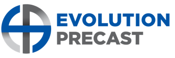 Evolution Precast logo featuring a circular design with a plus sign, next to the company name in blue and gray text.