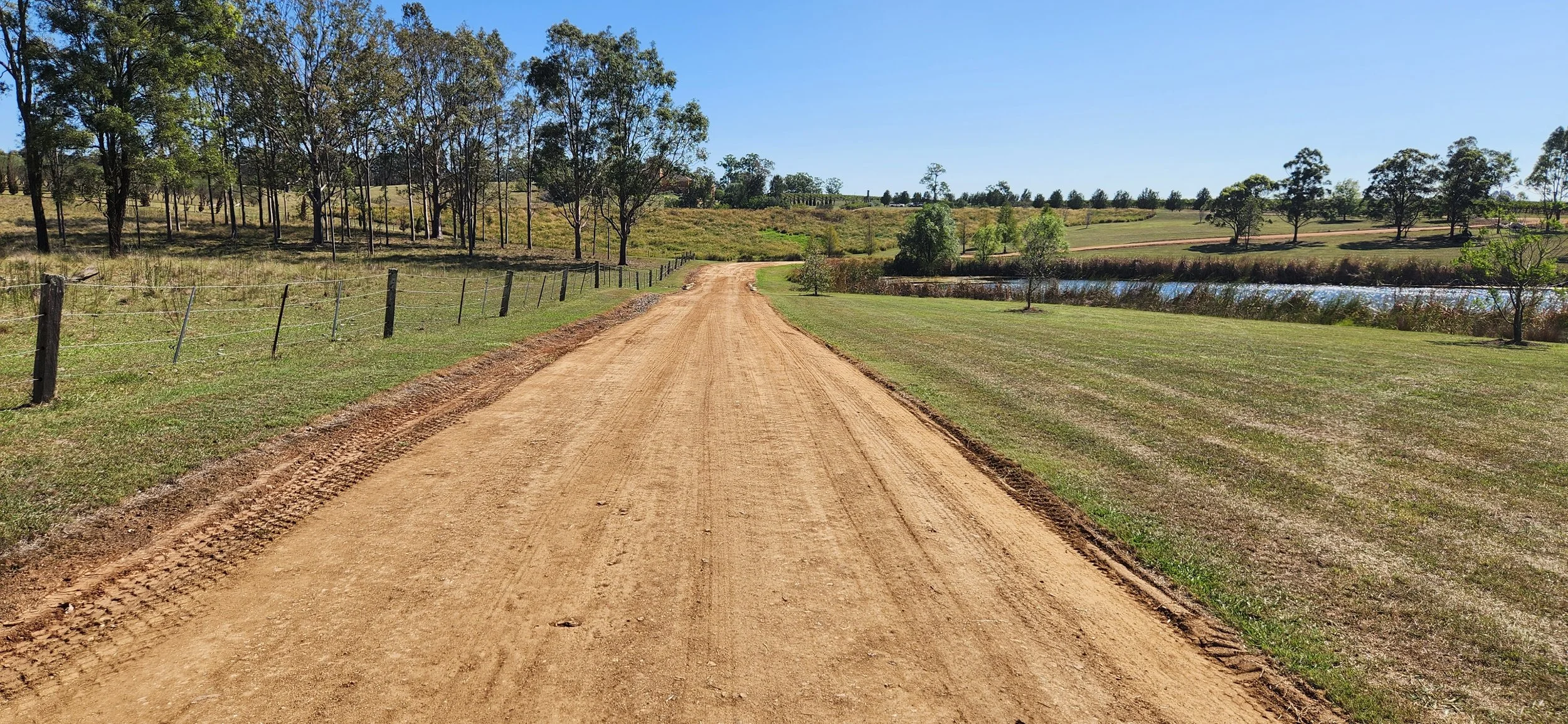 A dirt country road running through grassy fields with trees and a small pond on the right, under a clear blue sky.