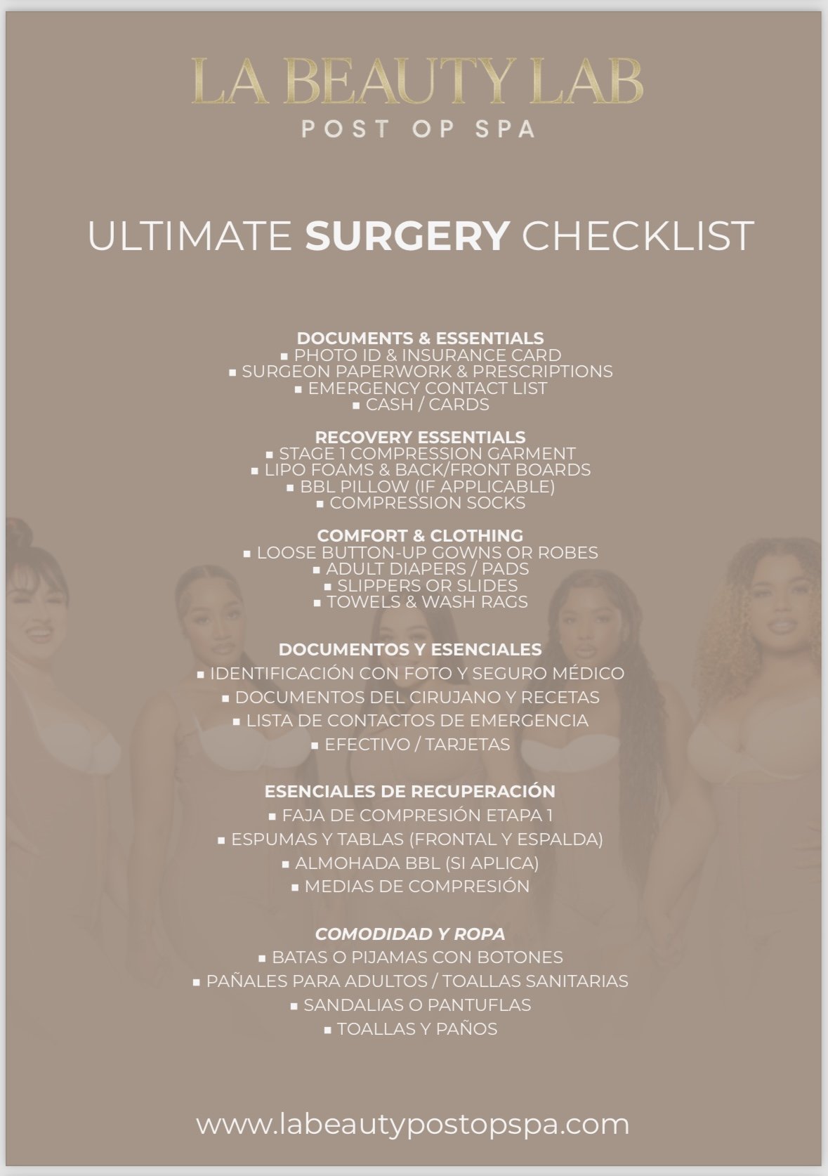 A cosmetic surgery  post-op spa checklist in English and Spanish, listing documents, essentials, comfort clothing, recovery essentials, and clothing.