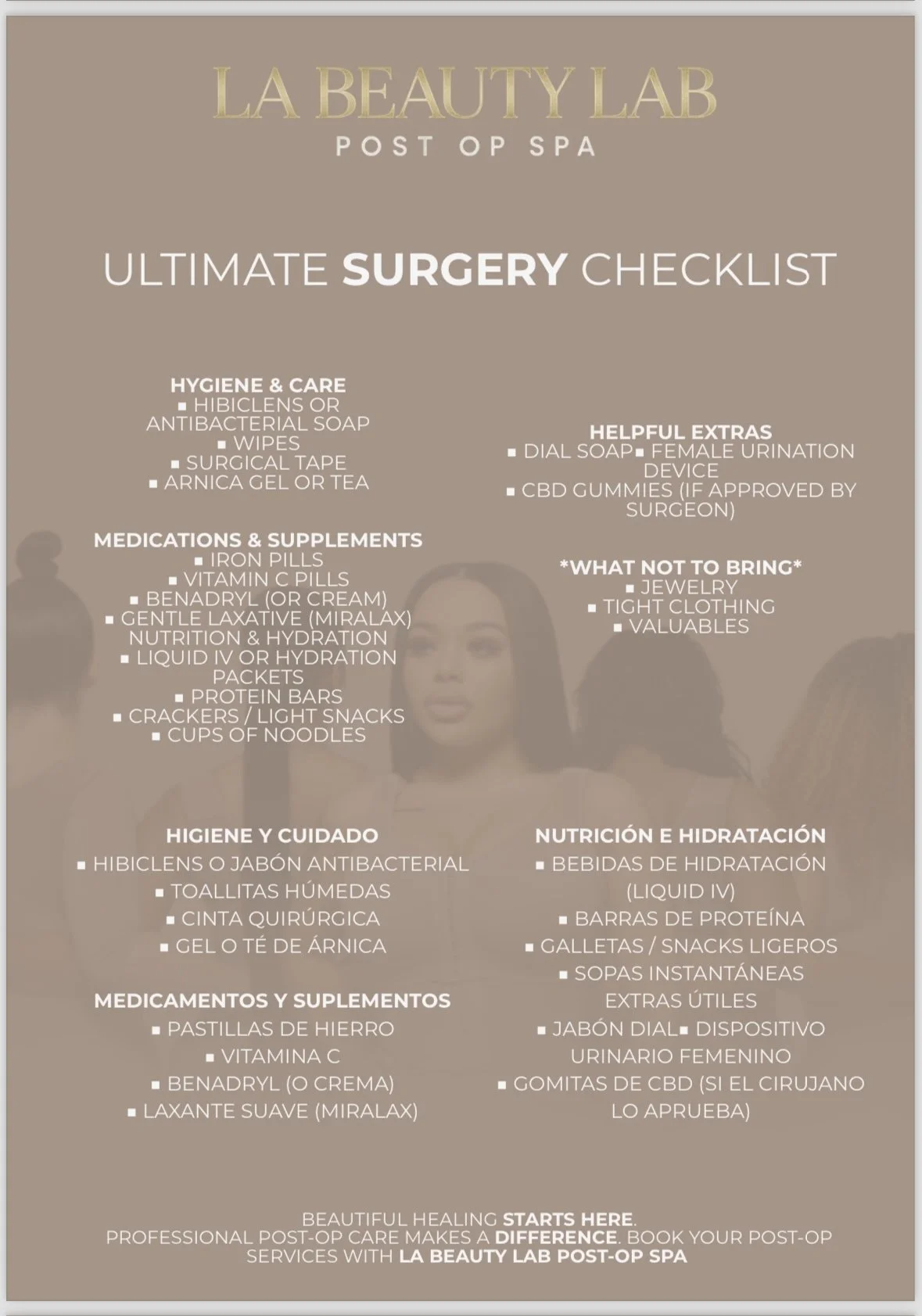 Poster titled 'La Beauty Lab Post Op Spa' with a checklist for post-surgery care, including hygiene, medications, helpful extras, and items not to bring, on a beige background.
