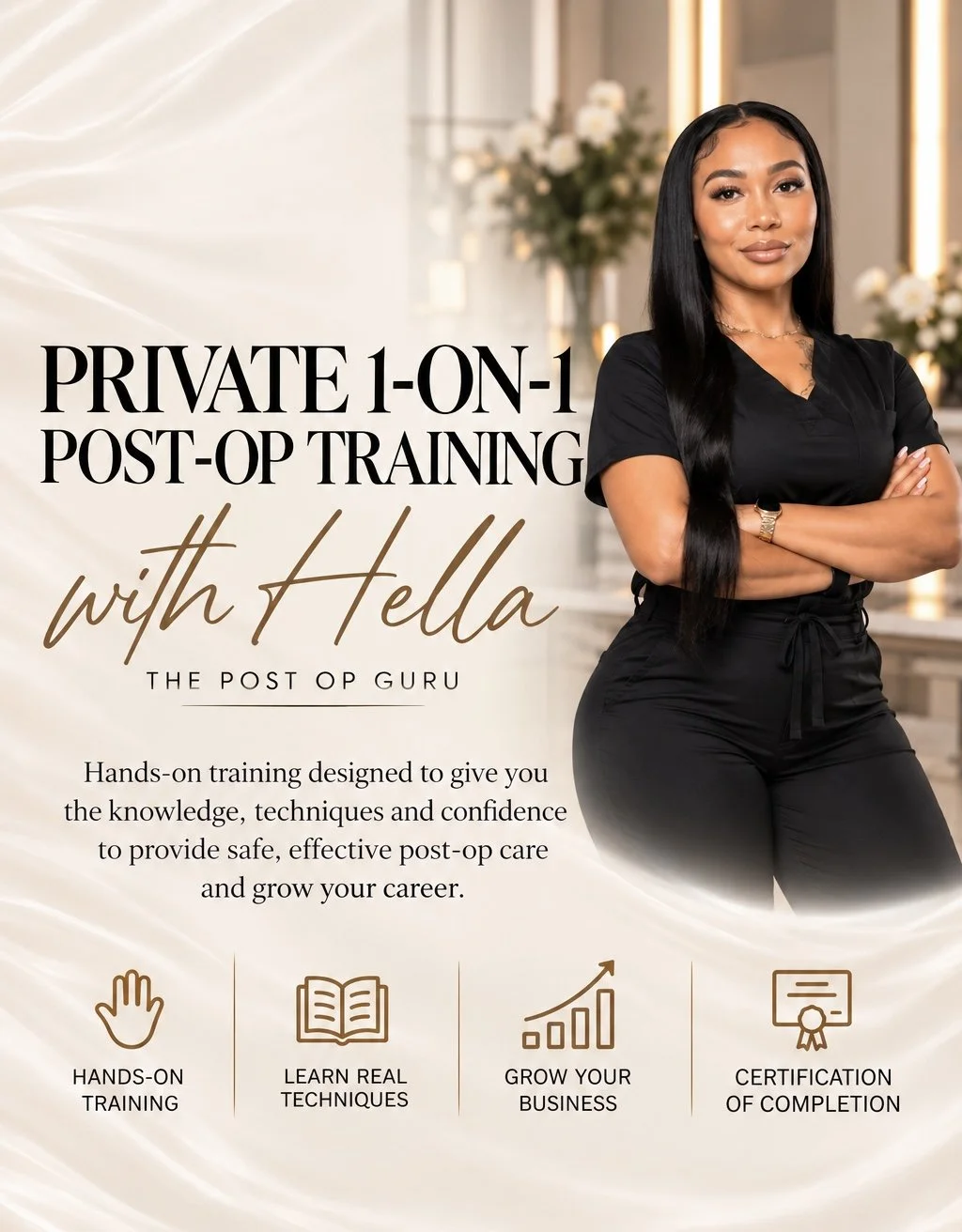 Promotional poster for a post-op training course with Hella, featuring a confident woman in black scrubs standing with arms crossed in a professional setting.