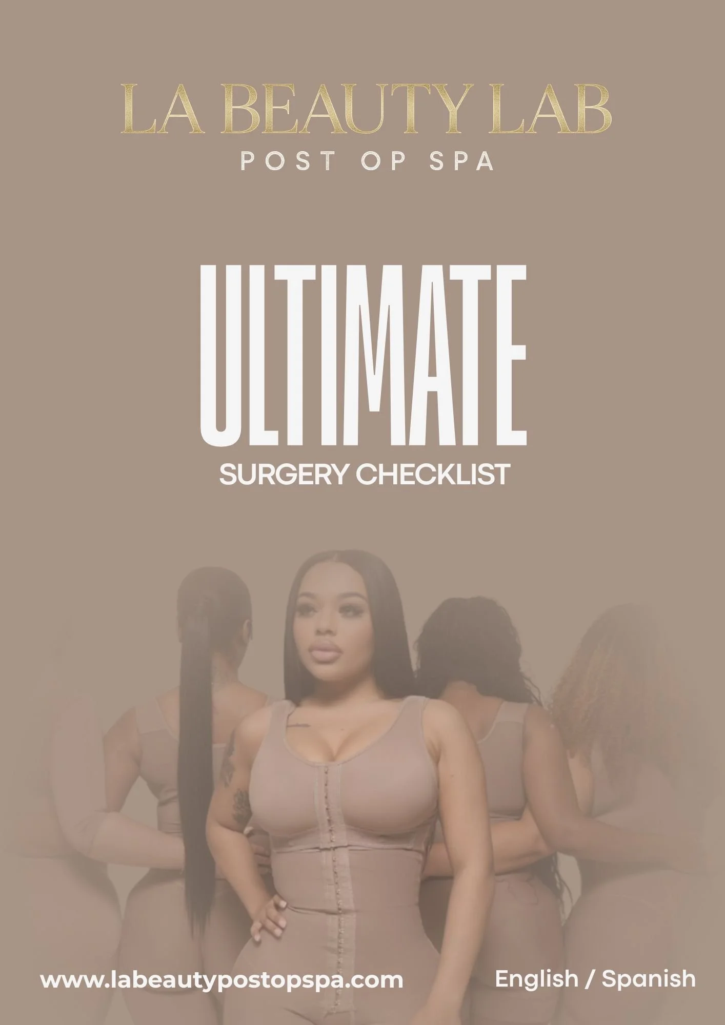 Poster for La Beauty Lab Post Op Spa featuring an image of four women in nude-colored dresses, with the main woman prominently in front, and the text "Ultimate Surgery Checklist".