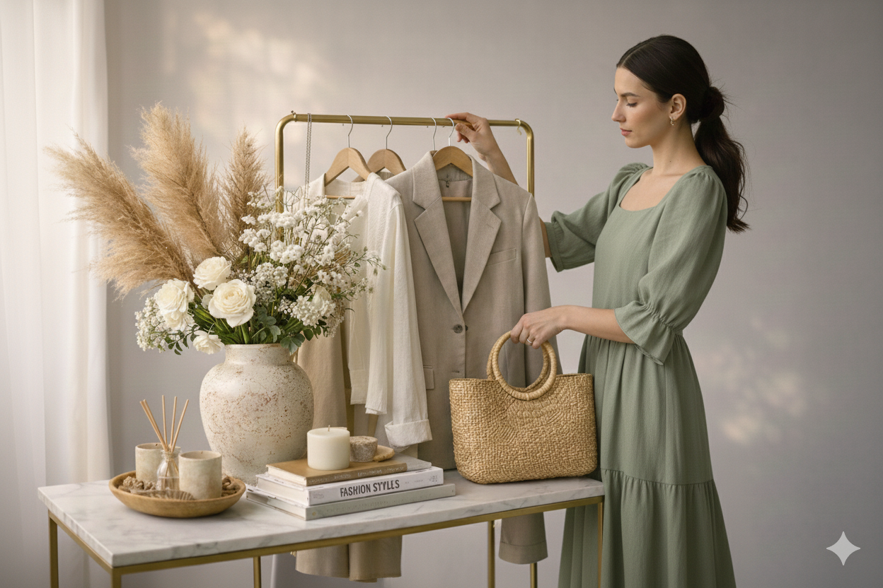 A woman in a green dress shopping for clothing and accessories with a bouquet of white flowers on a marble and gold table.