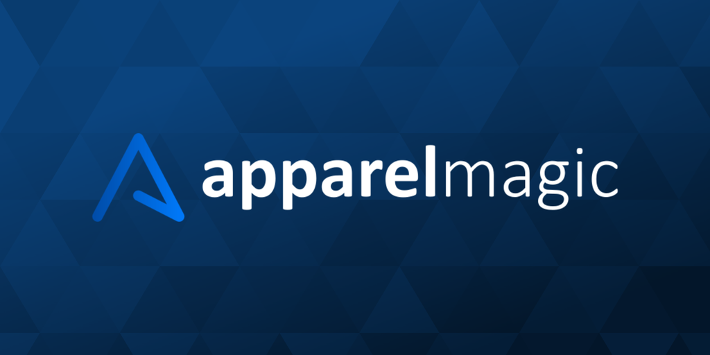 ApparelMagic logo with text on a blue patterned background.