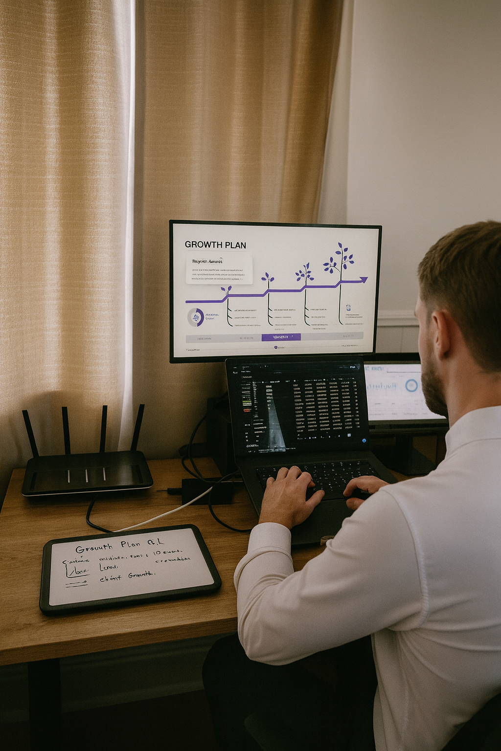 A man working at a desk with multiple computer screens displaying a growth plan and data. There is a whiteboard with notes about the growth plan on the desk.