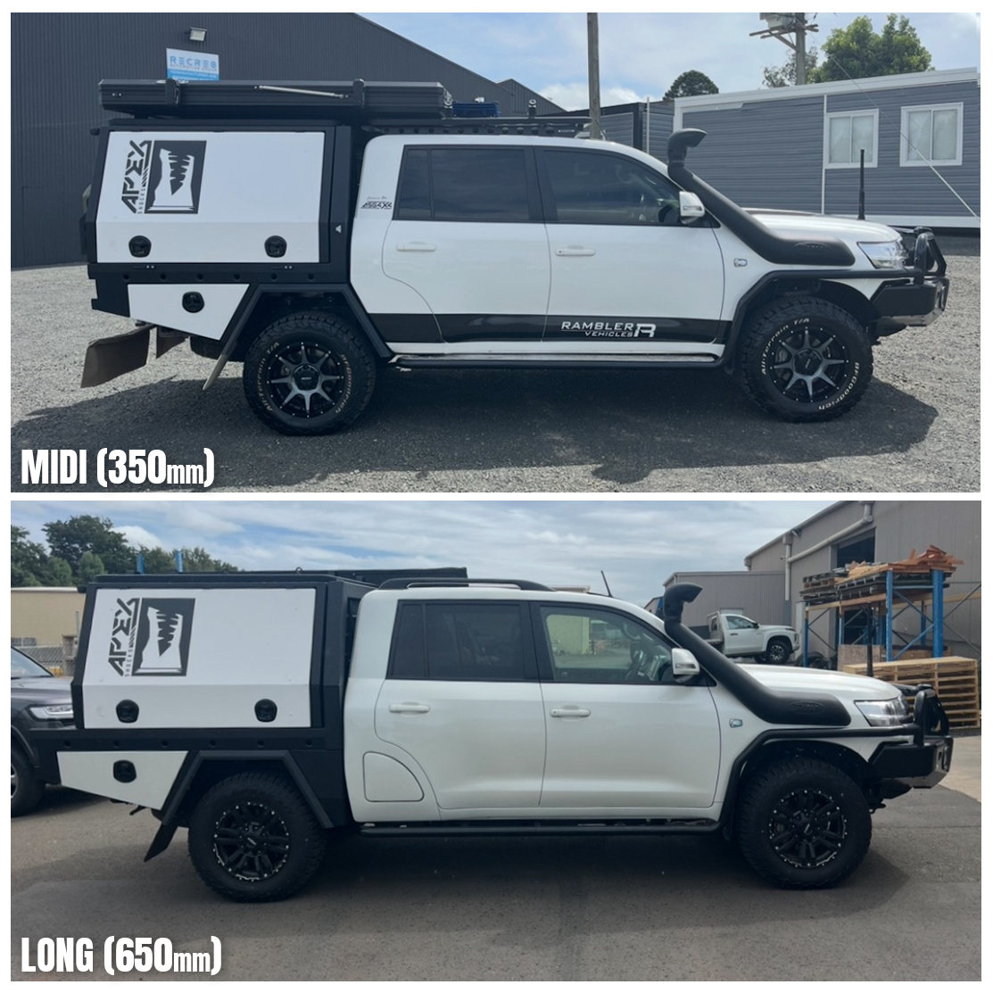 Comparison of two white off-road utility vehicles with black accents and mounted storage compartments, one labeled 'MIDI (350 mm)' and the other 'LONG (650 mm)', parked outdoors.