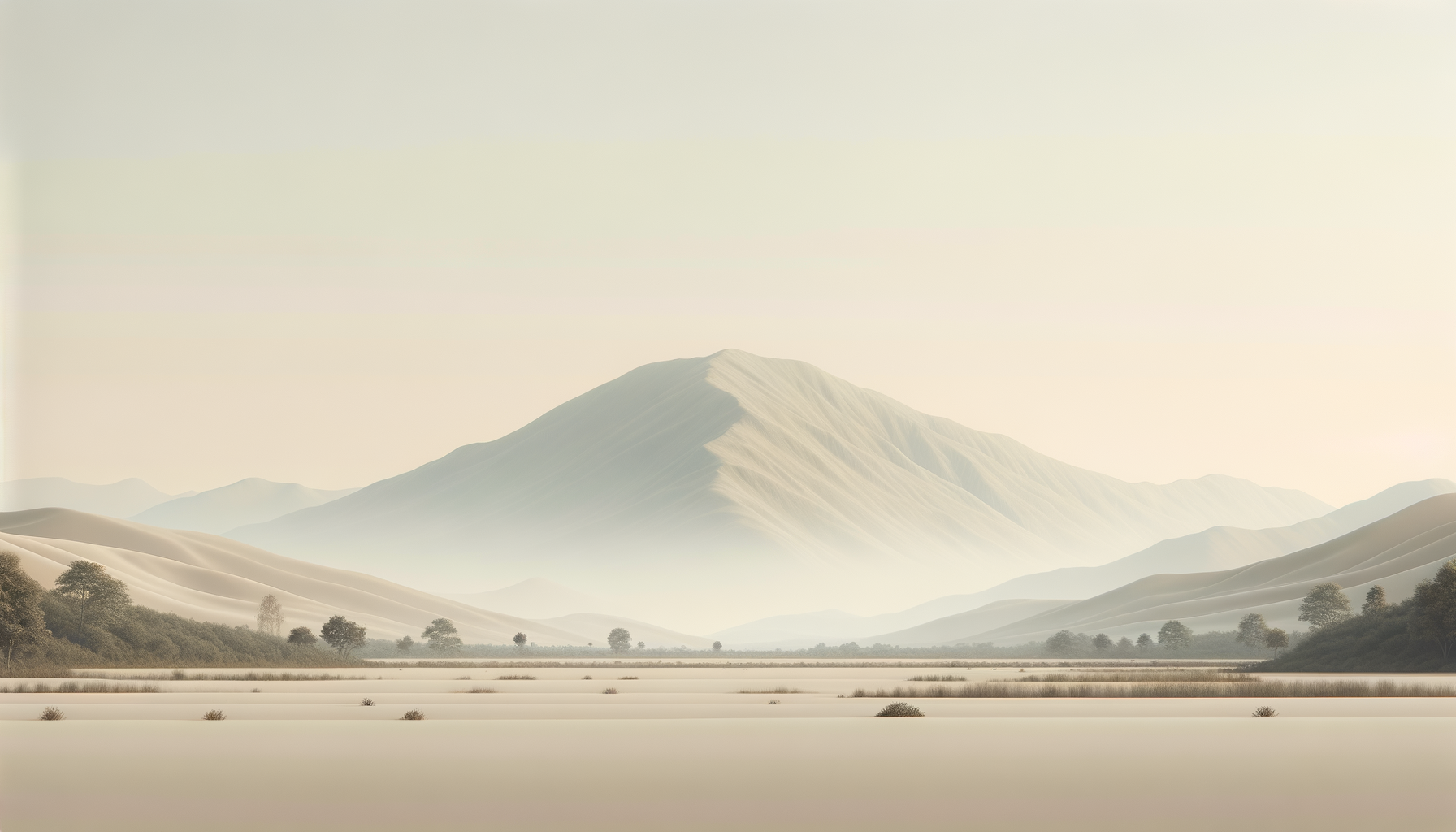 A serene desert landscape with rolling hills, sparse trees, and a large mountain in the distance under a pale sky.