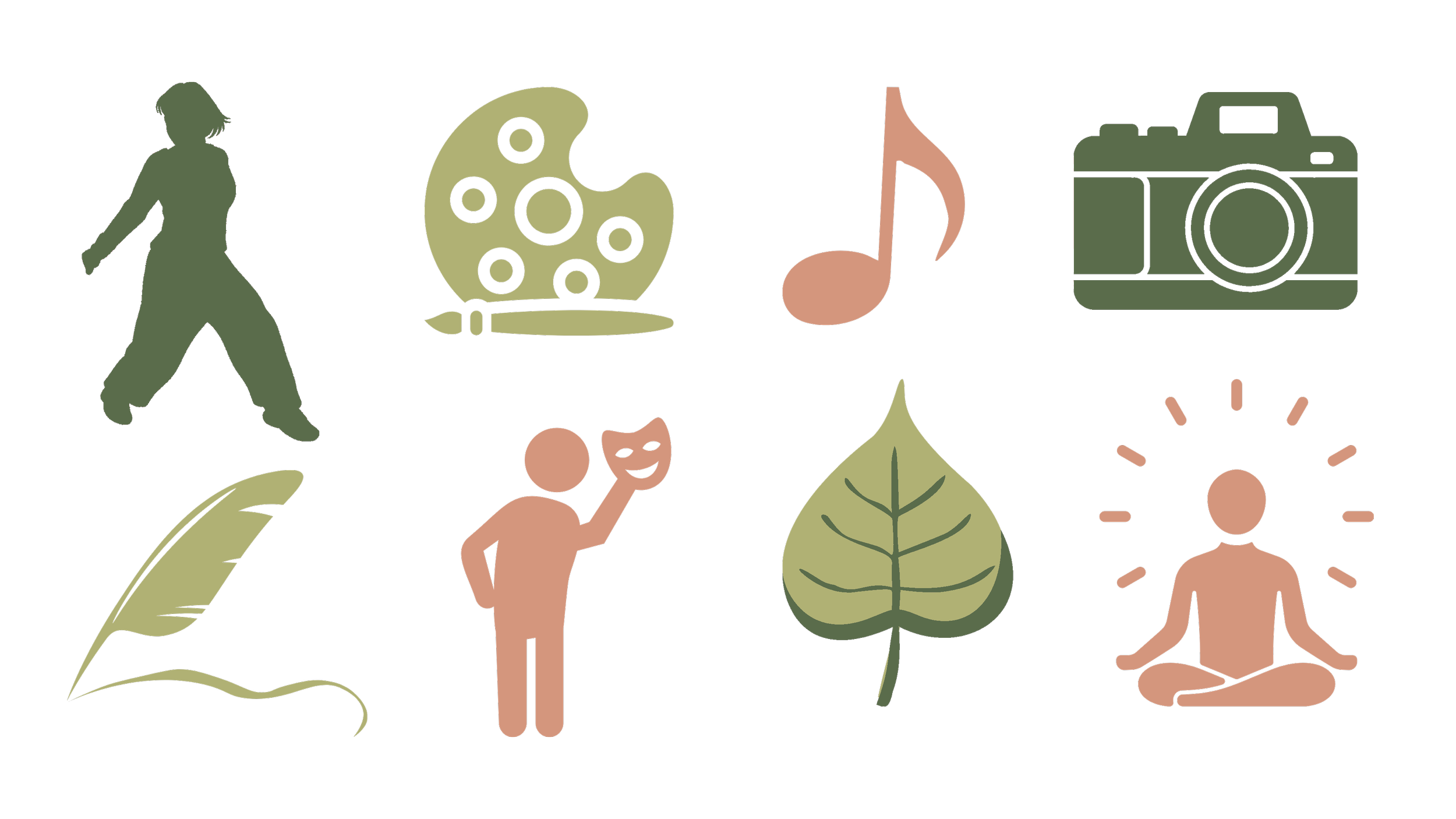 Collection of icons representing wellness and creativity, including a dancing person, a paint palette, a musical note, a camera, a person acting with a mask, a leaf, a person meditating with light rays around their head.