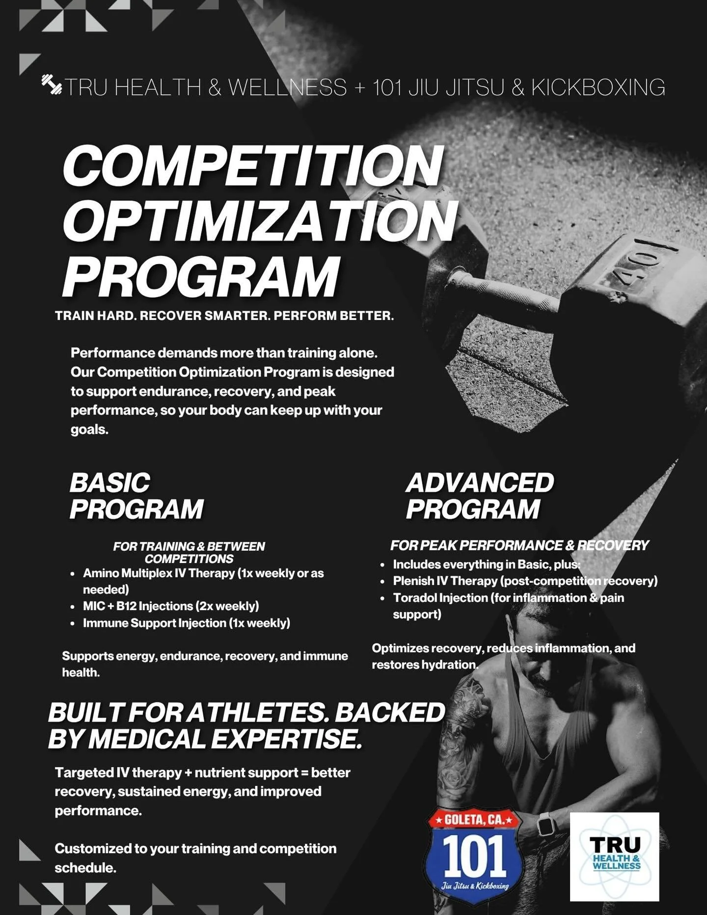 Your training deserves recovery that works as hard as you do.

Introducing the Competition Optimization Program by Tru Health &amp; Wellness + 101 Jiu Jitsu &amp; Kickboxing. Designed to support recovery, endurance, hydration, and peak athletic perfo