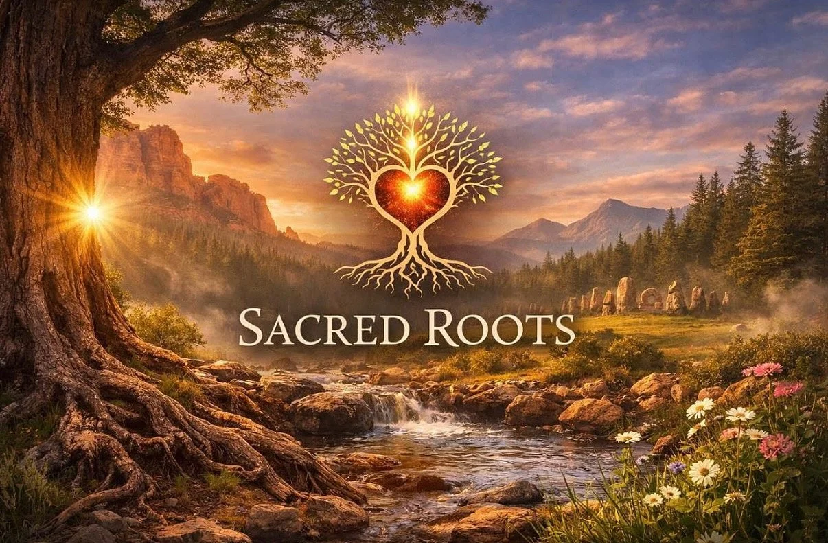 A scenic sunrise over mountains with a large tree on the left, a flowing river in the foreground, and colorful flowers on the right. The image features a glowing heart-shaped tree symbol with roots and branches, along with the text "Sacred Roots"