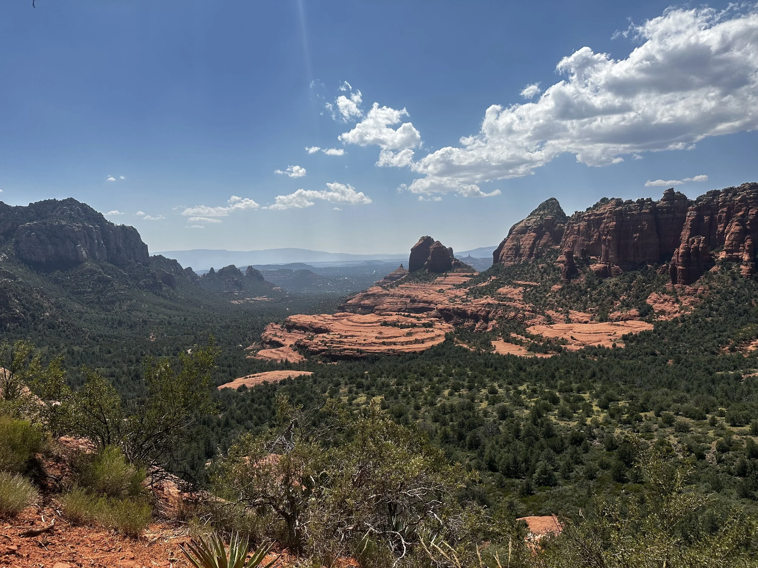 Scenic view of red rock formations and green vegetation in a desert landscape, under a partly cloudy blue sky.