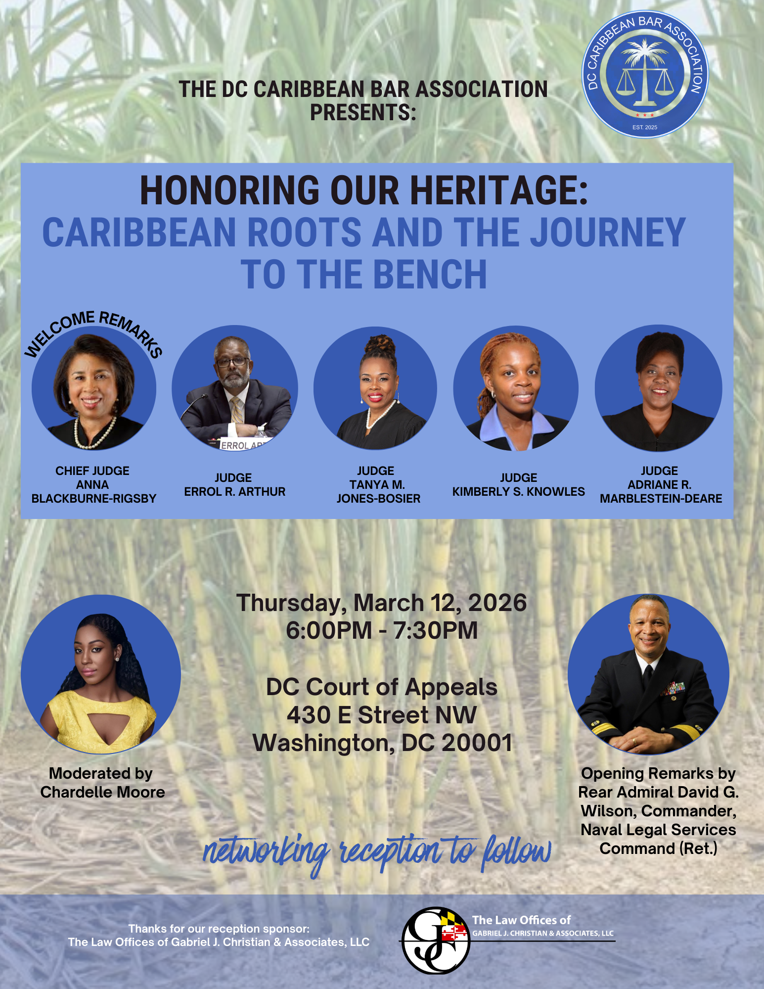 Event flyer for the DC Caribbean Bar Association honoring Caribbean heritage, featuring photos of judges and an emcee, with event details including date, time, location, and sponsors.
