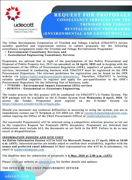 Request For Proposals for Consultancy Services under the Trinidad and Tobago Revitalisation Programme - Due: May 6 @ 2pm