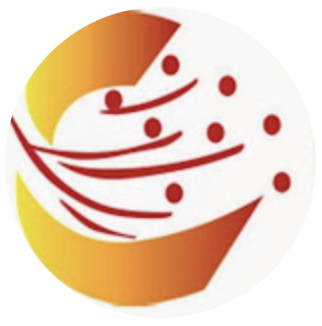 Abstract logo with curved lines and dots in red, orange, yellow, and gray on a white circle background