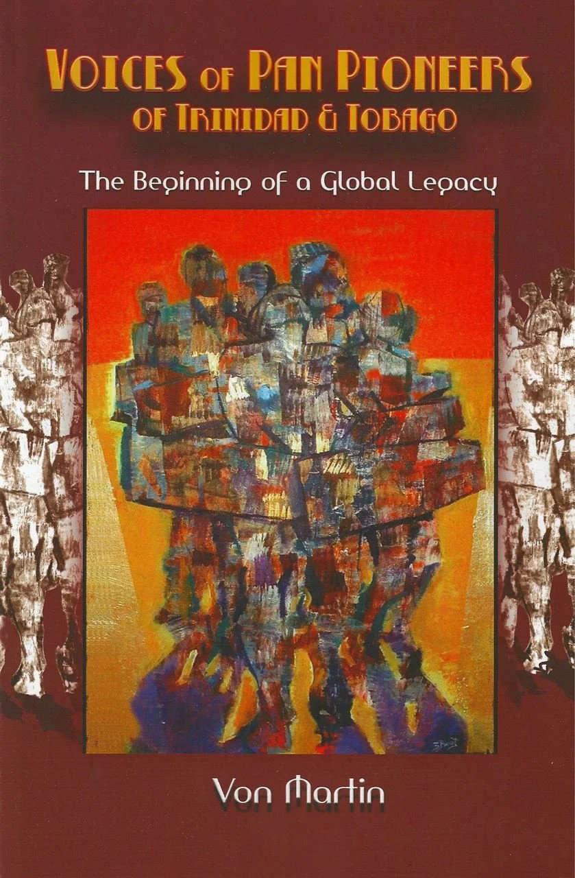 Book cover titled 'Voices of Pain Pioneers of Trinidad & Tobago' with an abstract colorful painting of multiple figures in a group, and the author's name, Von Martin, at the bottom.