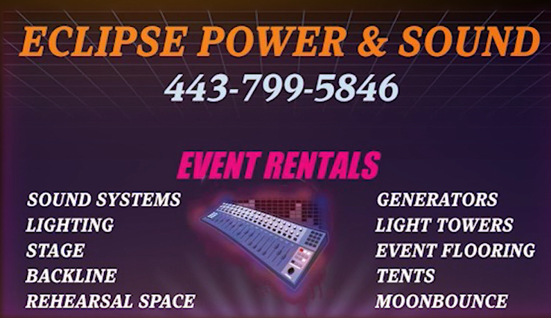 Business card for Eclipse Power & Sound with contact number 443-799-5846, offering event rentals including sound systems, lighting, stage, backline, rehearsal space, generators, light towers, event flooring, tents, and moonbounce, featuring a graphic of sound mixing equipment on a purple background.