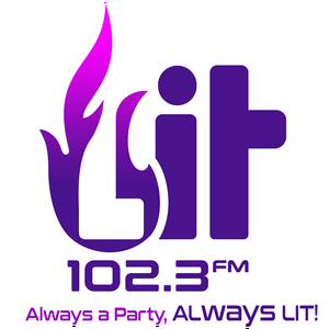 Logo for 102.3 FM radio station with the word "LIT" in purple and a purple flame icon, alongside the tagline "Always a Party, ALWAYS LIT!"