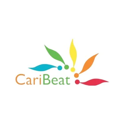 Logo for CariBeat featuring colorful abstract leaves or petals around the text.