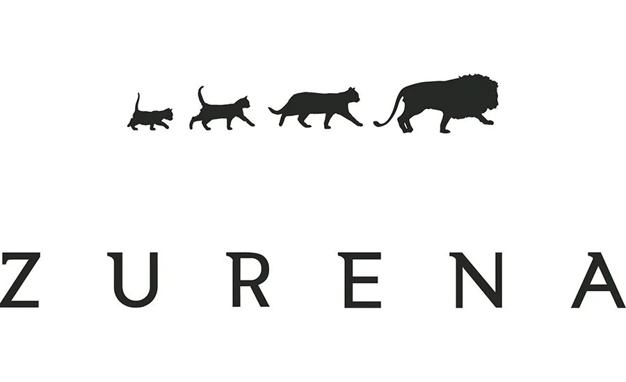 Logo featuring silhouettes of four cats of increasing size and a lion, with the word 'ZURENA' underneath.
