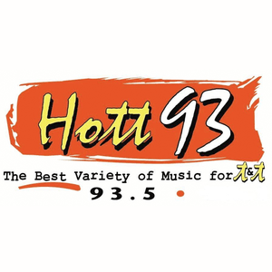 Logo for Hott 93 radio station featuring station name and slogan, with a red and yellow color scheme and a small graphic of a family with a dog.