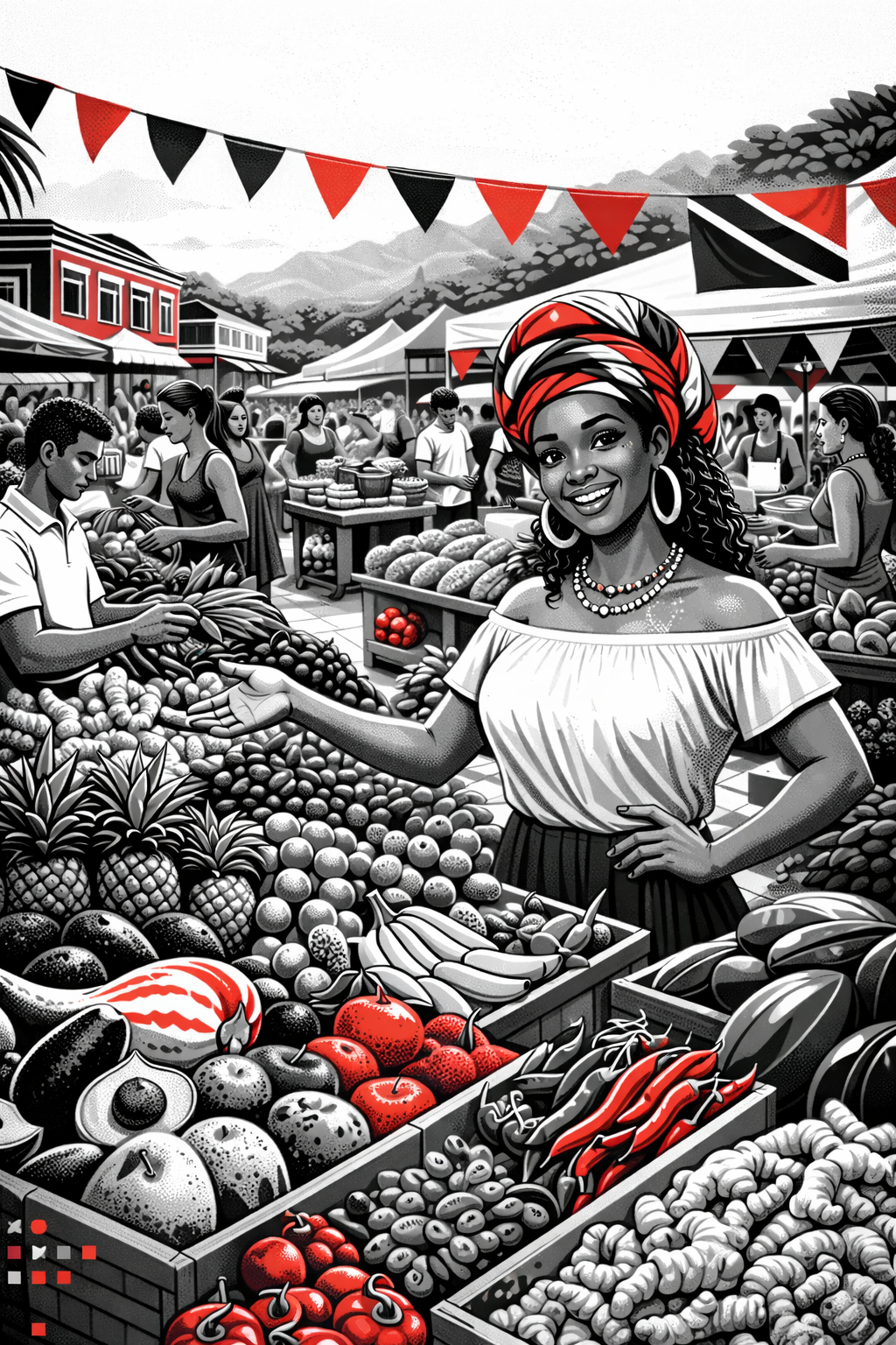 A bustling outdoor market with vendors selling fresh fruits and vegetables, with a smiling woman in the foreground wearing traditional attire and headscarf surrounded by produce.