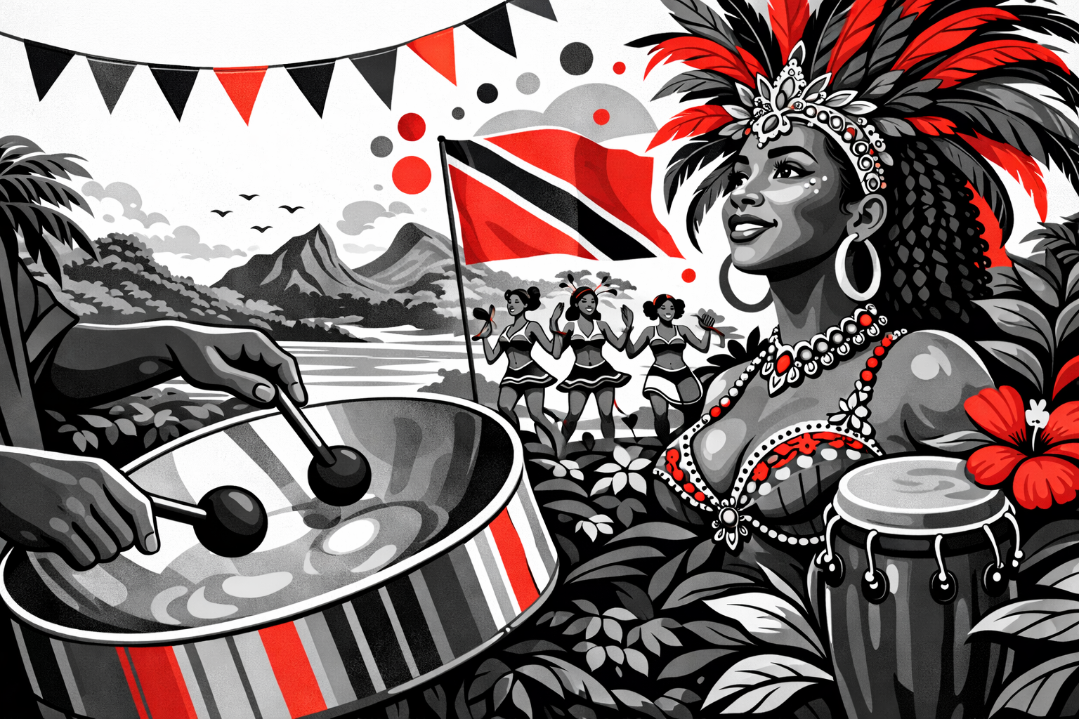 Black, white, and red illustration depicting a woman with elaborate jewelry and a feather headdress, holding a drum, with a background of dancers, a flag, mountains, and trees, celebrating African culture.
